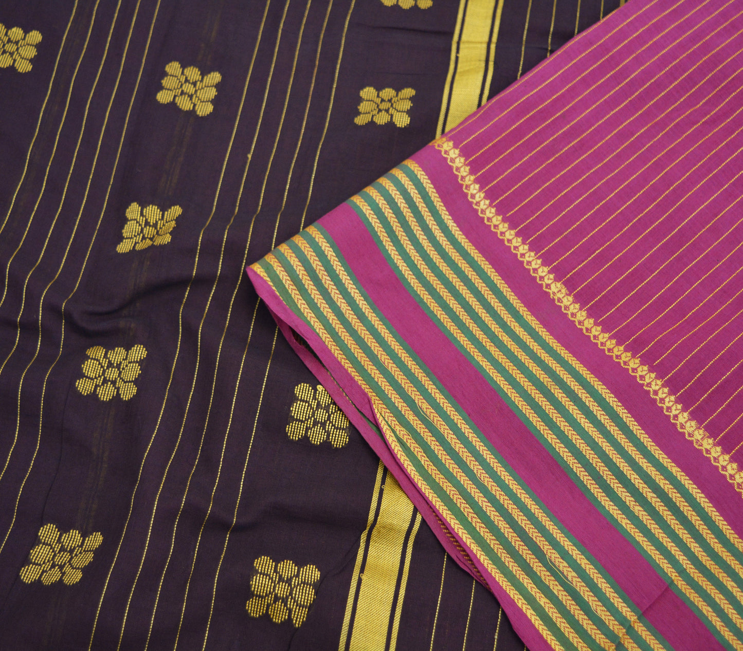 Indian Vintage Sari Purple & Brown Pure Cotton Hand Woven Saree 5yard Ethnic Soft Floral Design