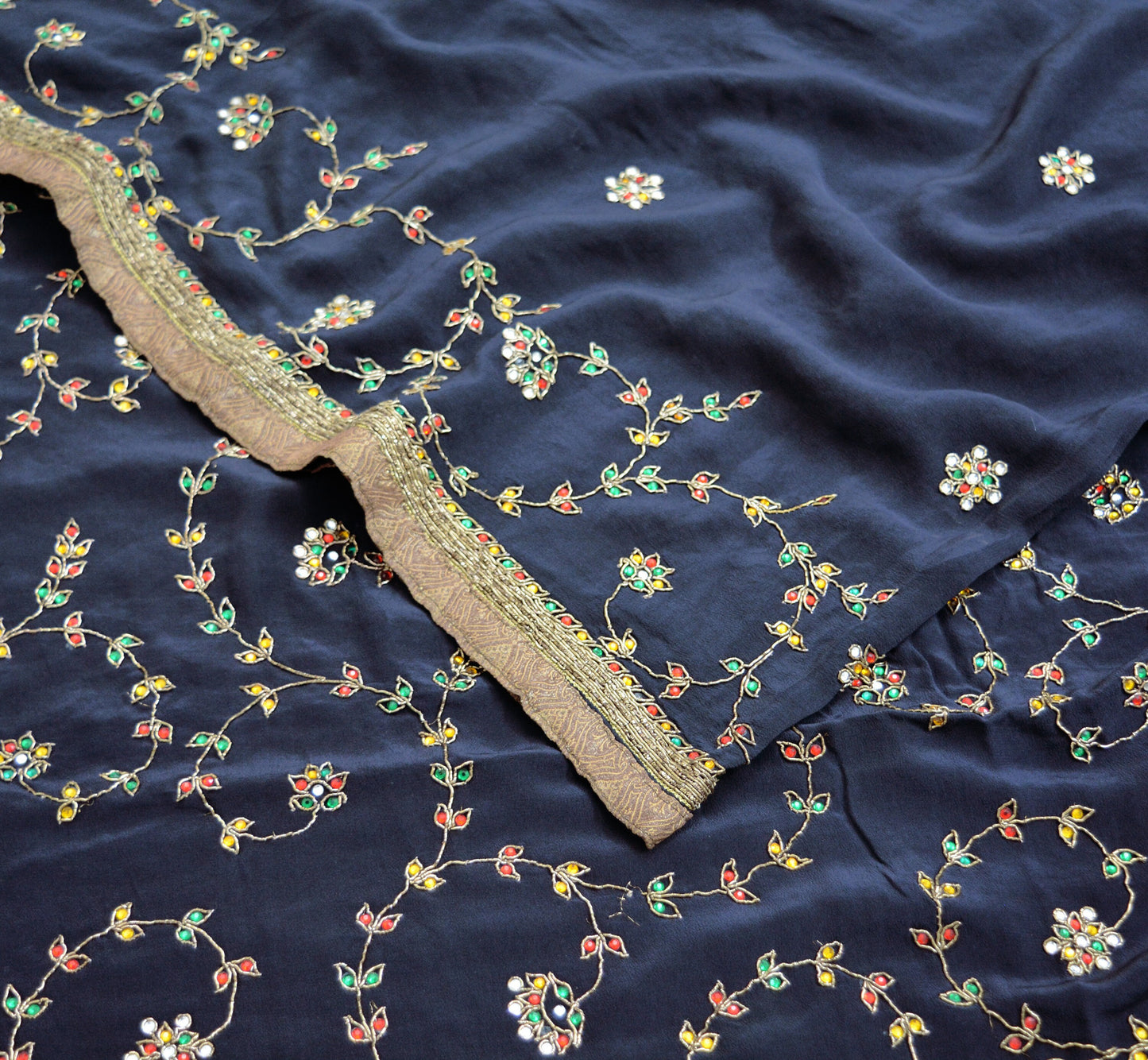 Indian Vintage Black Saree Pure Crepe Silk Hand Embroidered Indian Sari Fabric 6Yd Sewing Soft Zardozi/Dabka