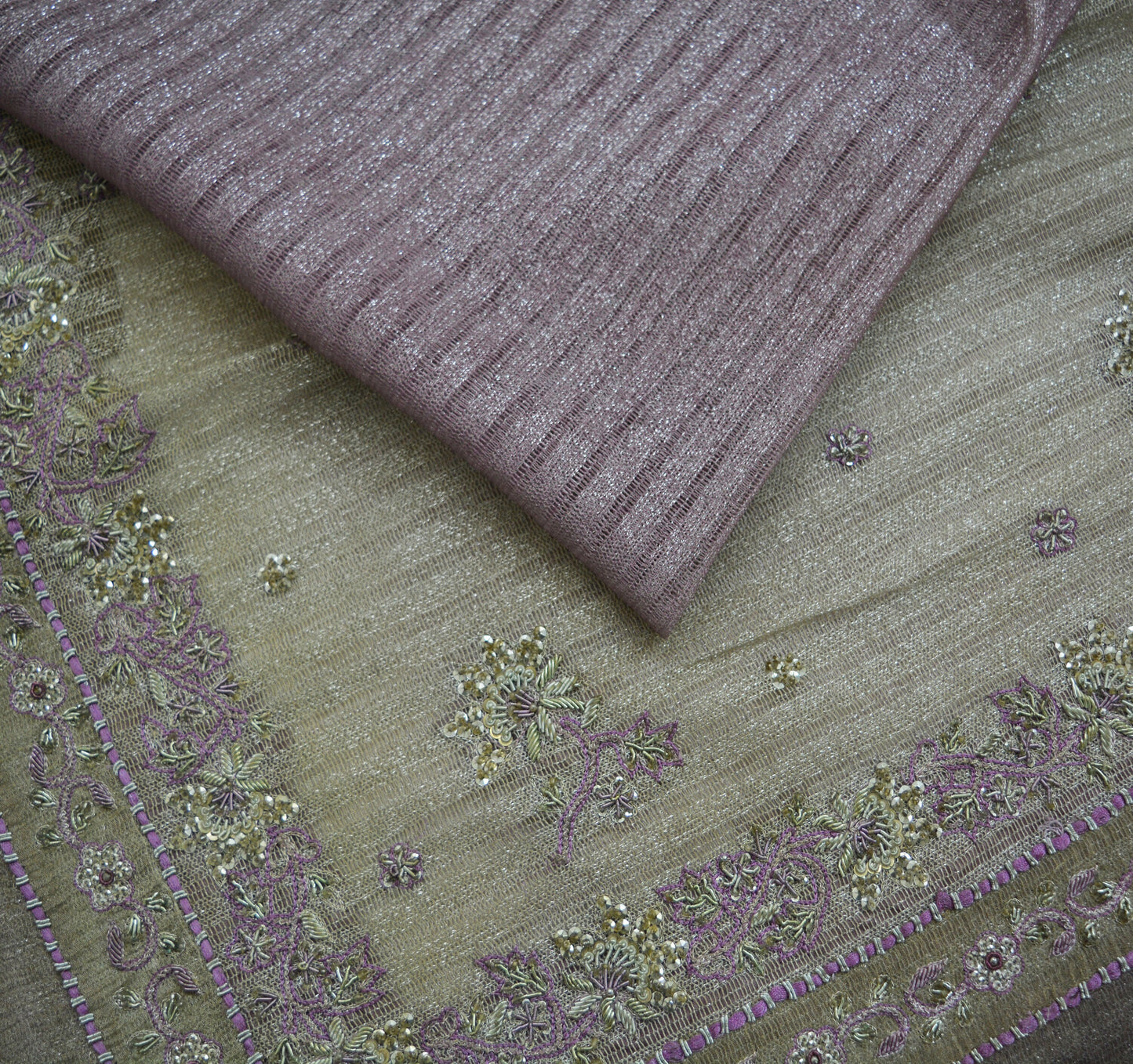 Indian Vintage Silver & Purple Saree Net/Mesh Hand Embroidered Indian Sari Fabric 5Yd Sewing Soft Zardozi/Dabka Zari Sequins