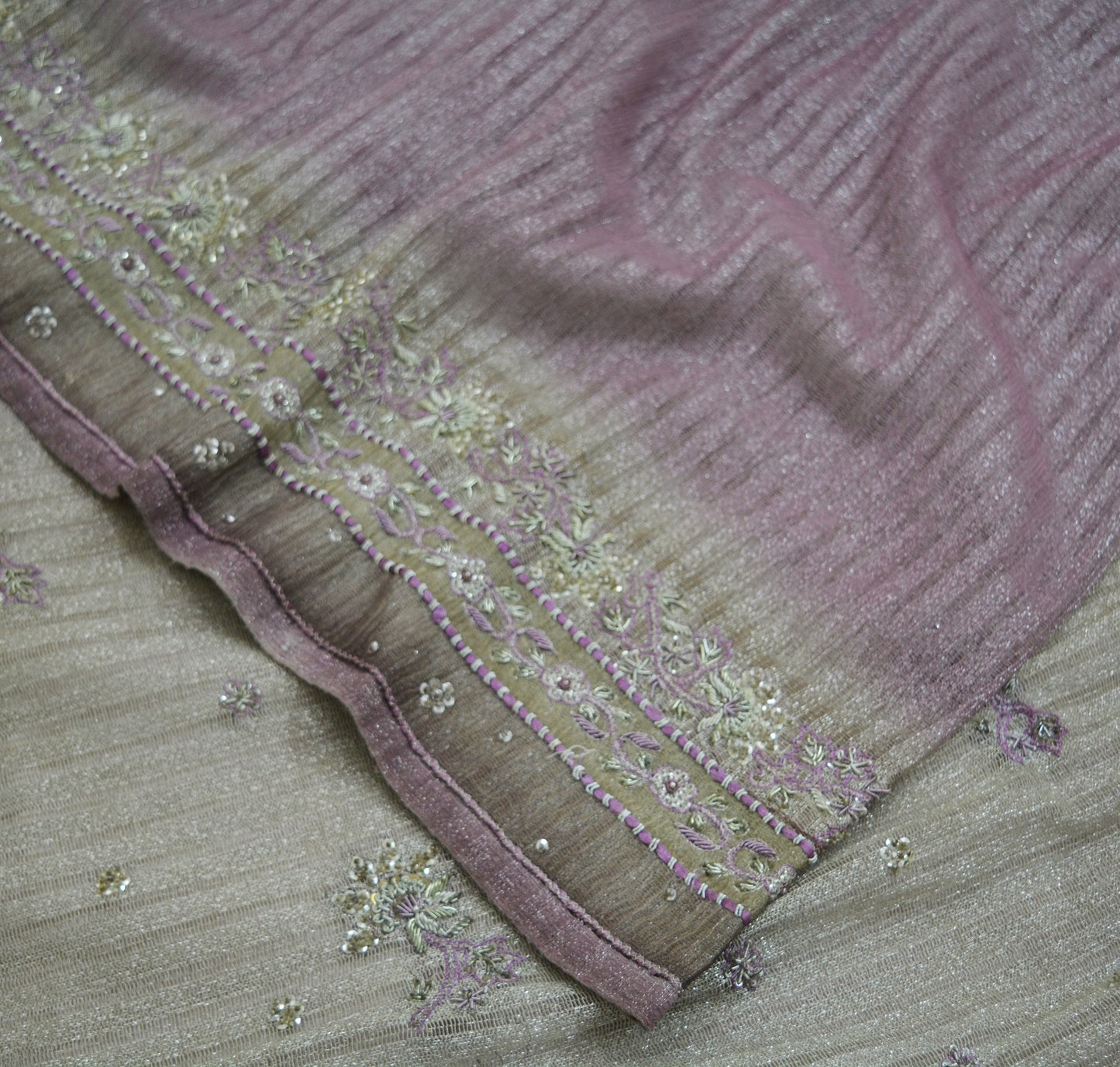Indian Vintage Silver & Purple Saree Net/Mesh Hand Embroidered Indian Sari Fabric 5Yd Sewing Soft Zardozi/Dabka Zari Sequins