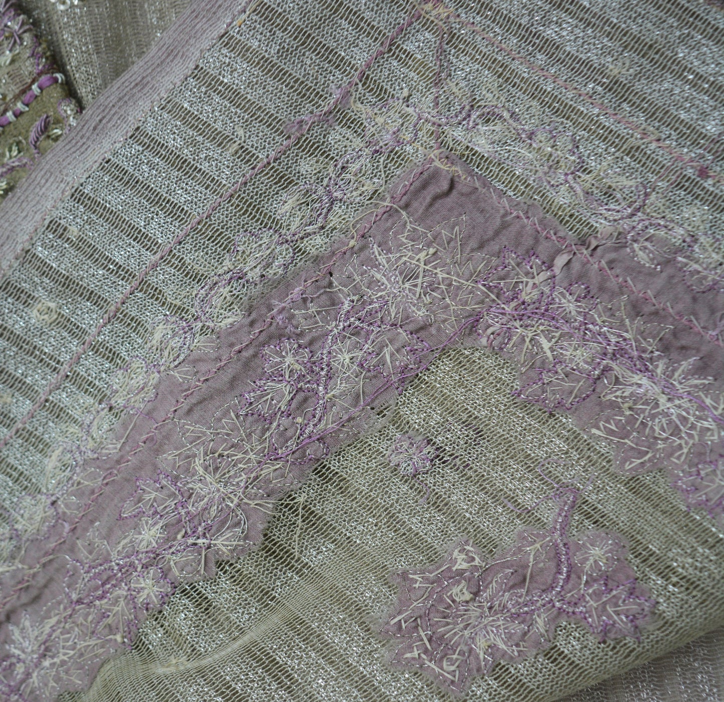 Indian Vintage Silver & Purple Saree Net/Mesh Hand Embroidered Indian Sari Fabric 5Yd Sewing Soft Zardozi/Dabka Zari Sequins