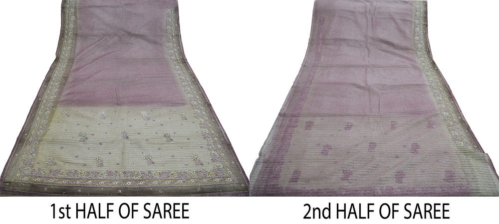 Indian Vintage Silver & Purple Saree Net/Mesh Hand Embroidered Indian Sari Fabric 5Yd Sewing Soft Zardozi/Dabka Zari Sequins
