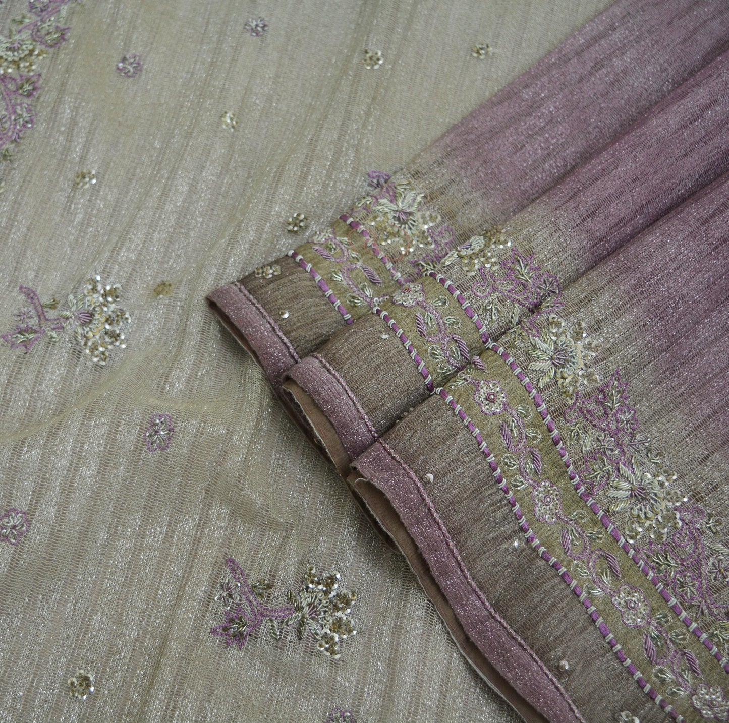 Indian Vintage Silver & Purple Saree Net/Mesh Hand Embroidered Indian Sari Fabric 5Yd Sewing Soft Zardozi/Dabka Zari Sequins