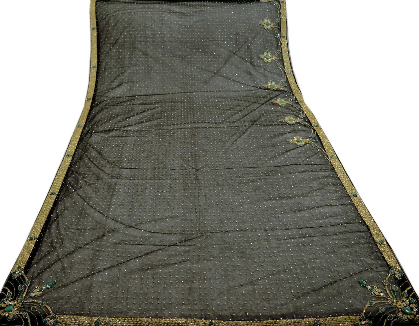Indian Vintage Black Saree Net/Mesh Hand Embroidered Indian Sari Fabric 5Yd Sewing Soft Sequins