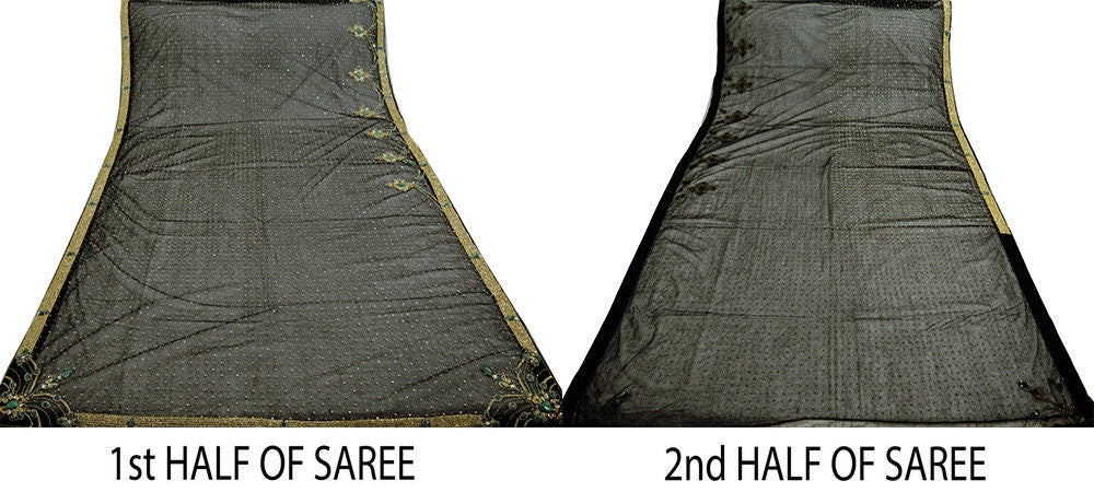 Indian Vintage Black Saree Net/Mesh Hand Embroidered Indian Sari Fabric 5Yd Sewing Soft Sequins
