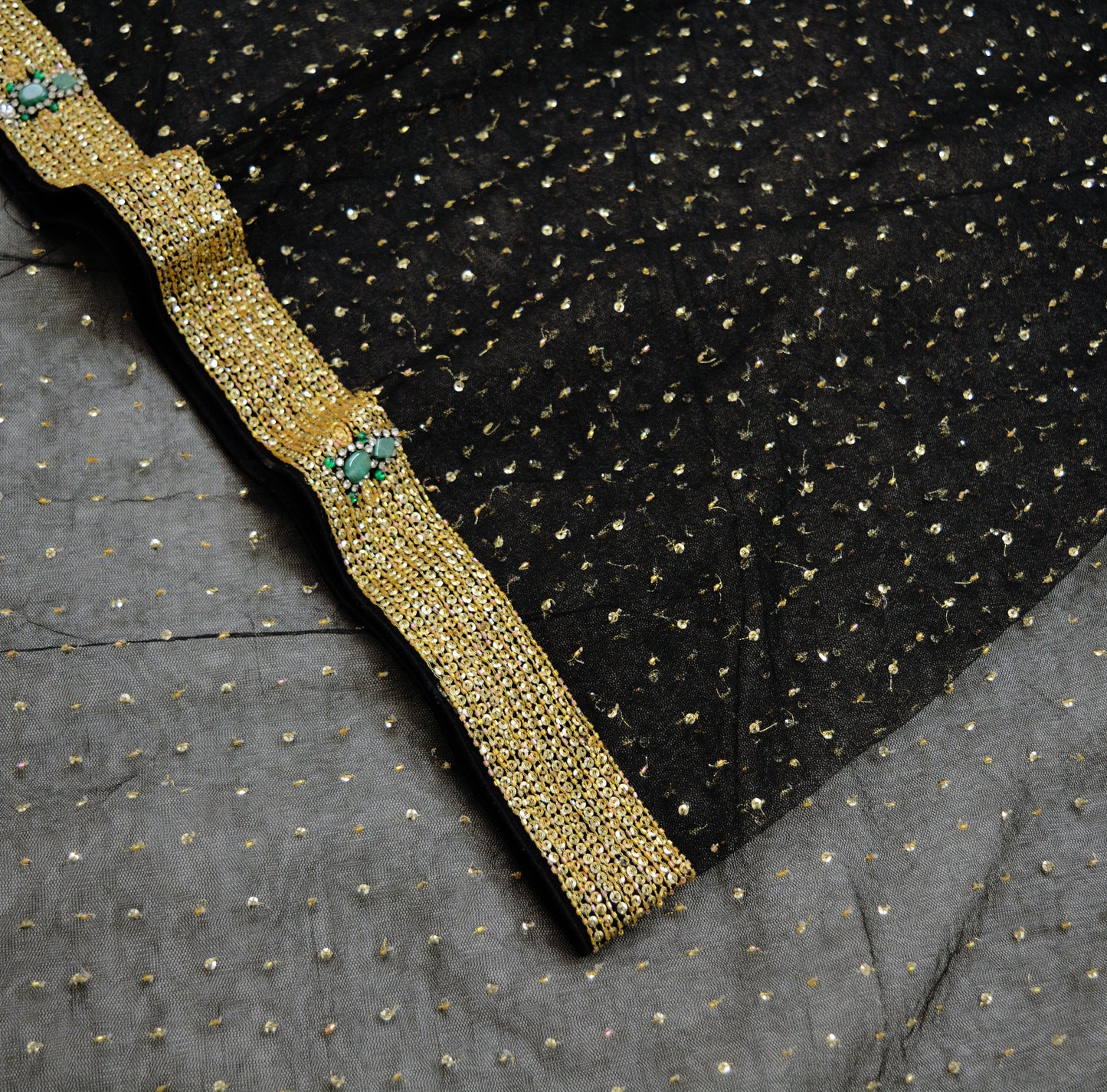 Indian Vintage Black Saree Net/Mesh Hand Embroidered Indian Sari Fabric 5Yd Sewing Soft Sequins