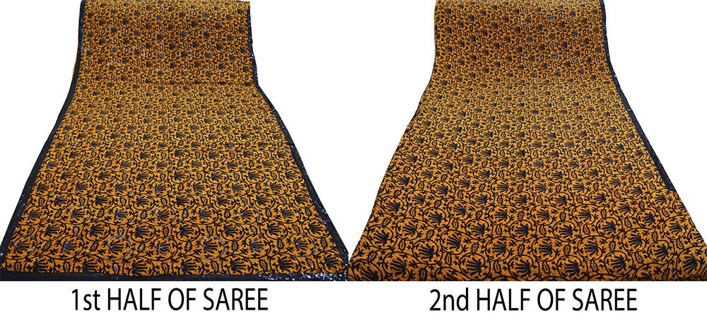 Indian Vintage Sari Saffron Pure Crepe Silk Hand Embroidered Saree 5yard Sewing Floral Craft Sequins