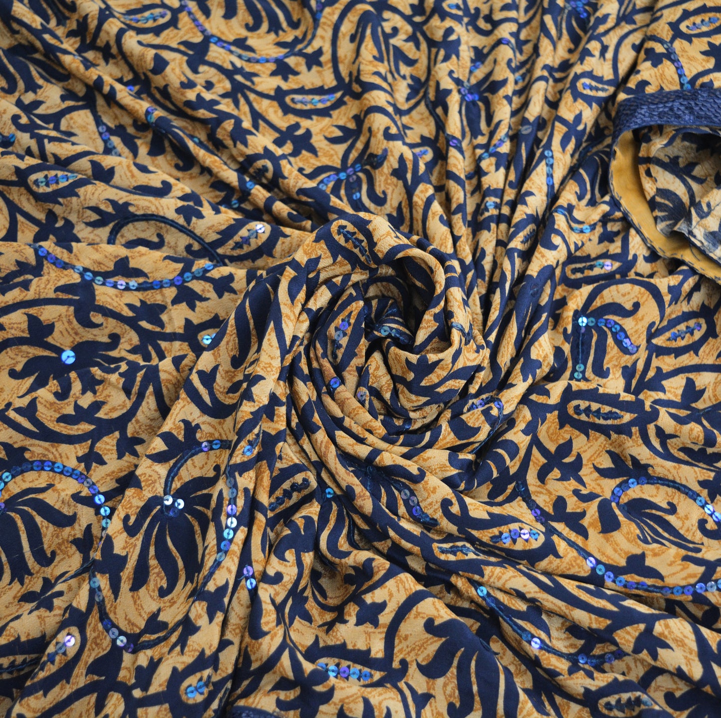Indian Vintage Sari Saffron Pure Crepe Silk Hand Embroidered Saree 5yard Sewing Floral Craft Sequins