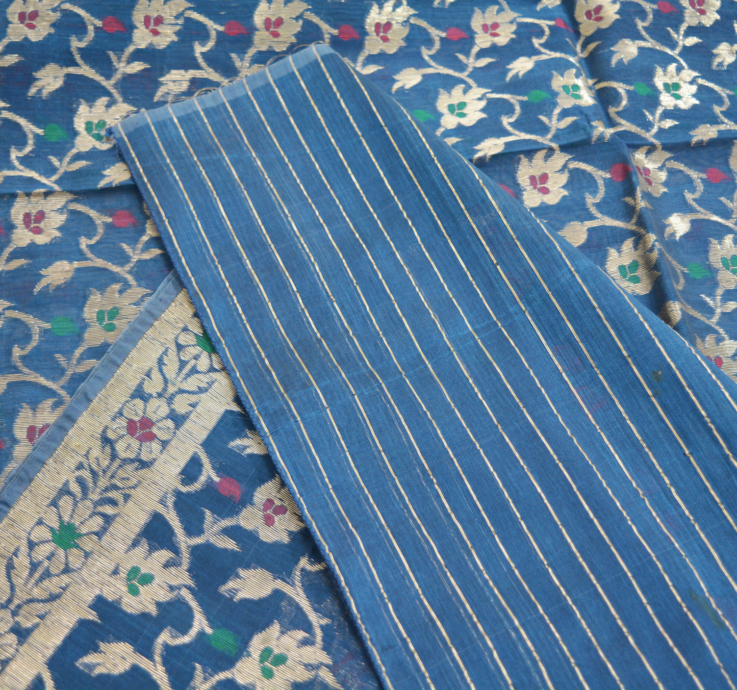 Indian Vintage Blue Sarees Pure Organza Silk Woven Indian Sari Fabric 5Yard Sewing Ethnic Golden Zari Floral