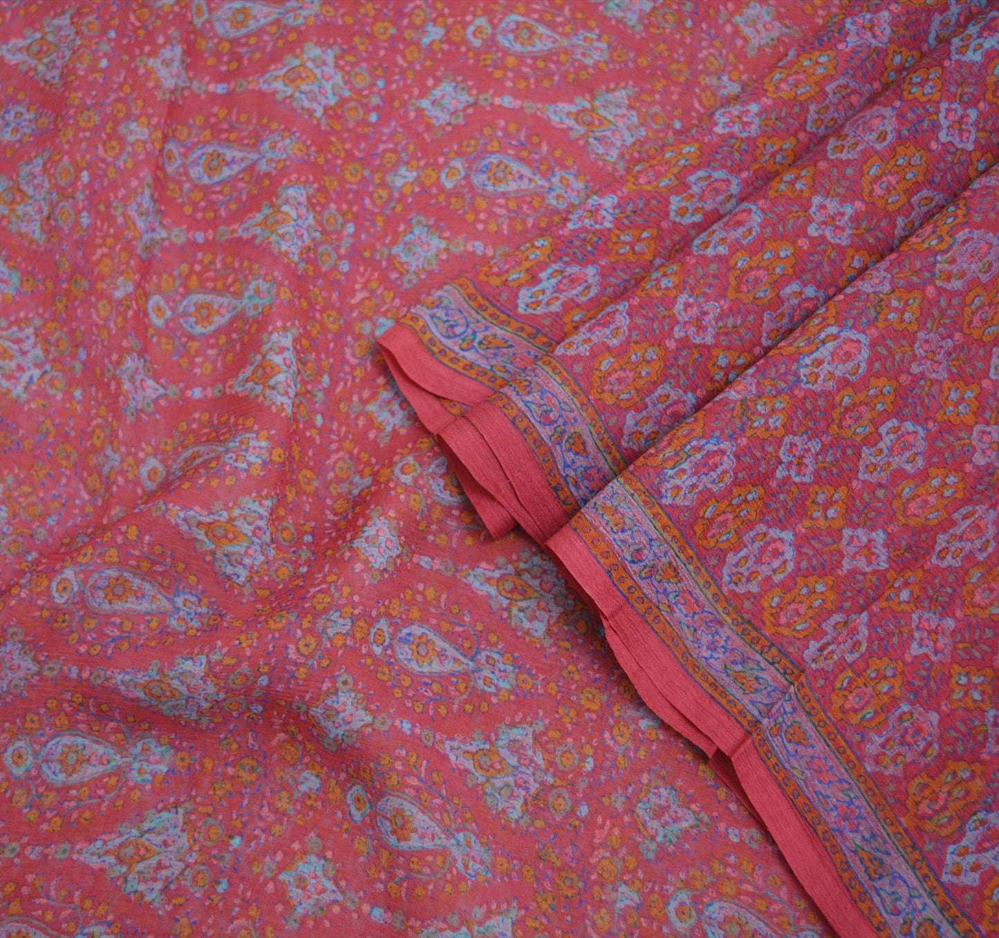 Women Vintage Sari Pink Pure Chiffon Silk Block Printed Saree Craft Fabric Sewing 5Yard Soft Light Sari Dress Making Floral