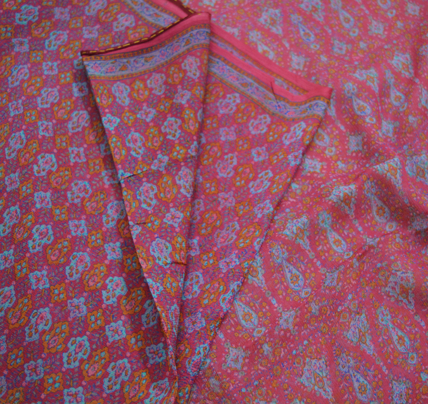 Women Vintage Sari Pink Pure Chiffon Silk Block Printed Saree Craft Fabric Sewing 5Yard Soft Light Sari Dress Making Floral