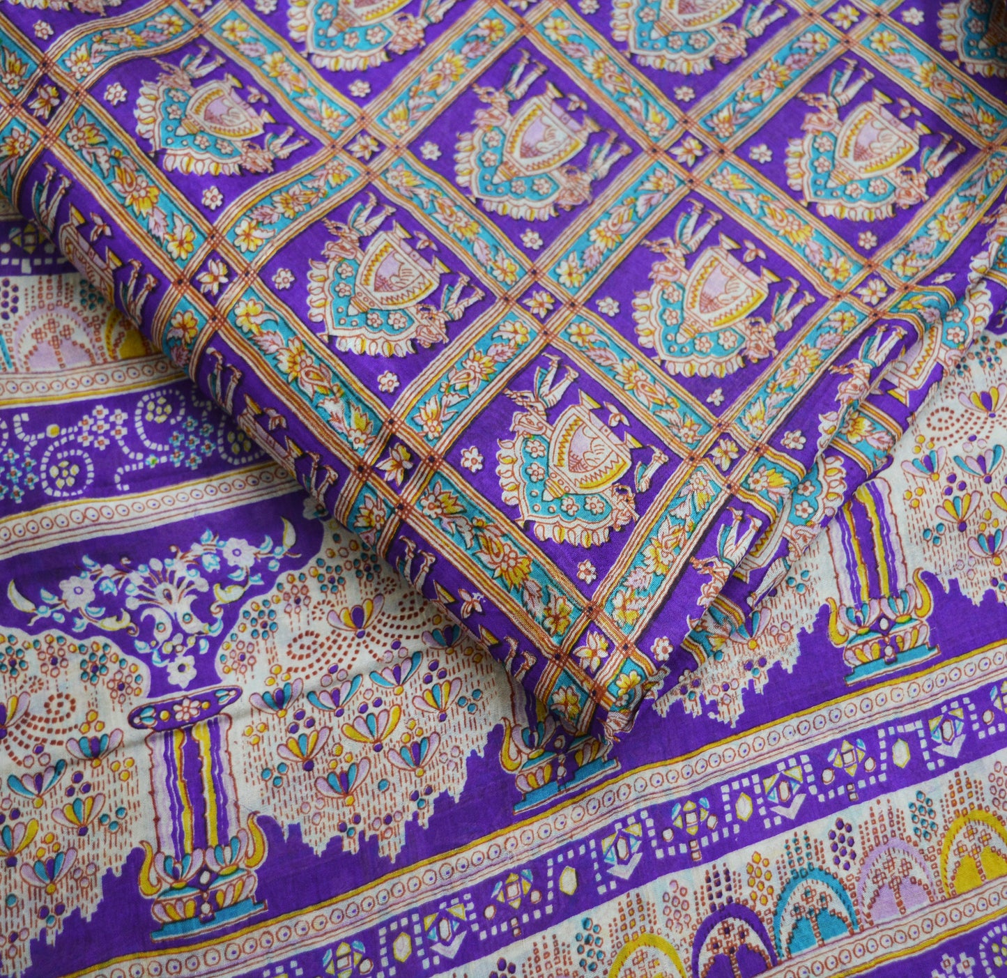Indian Vintage Sari Purple Pure Silk Printed Saree Fabric 5yard Sewing Craft DressMaking Humans Floral