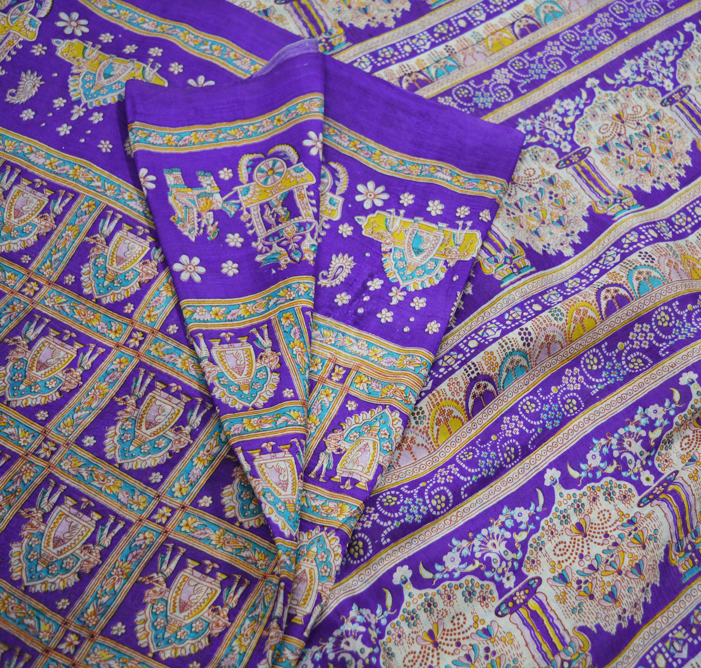 Indian Vintage Sari Purple Pure Silk Printed Saree Fabric 5yard Sewing Craft DressMaking Humans Floral