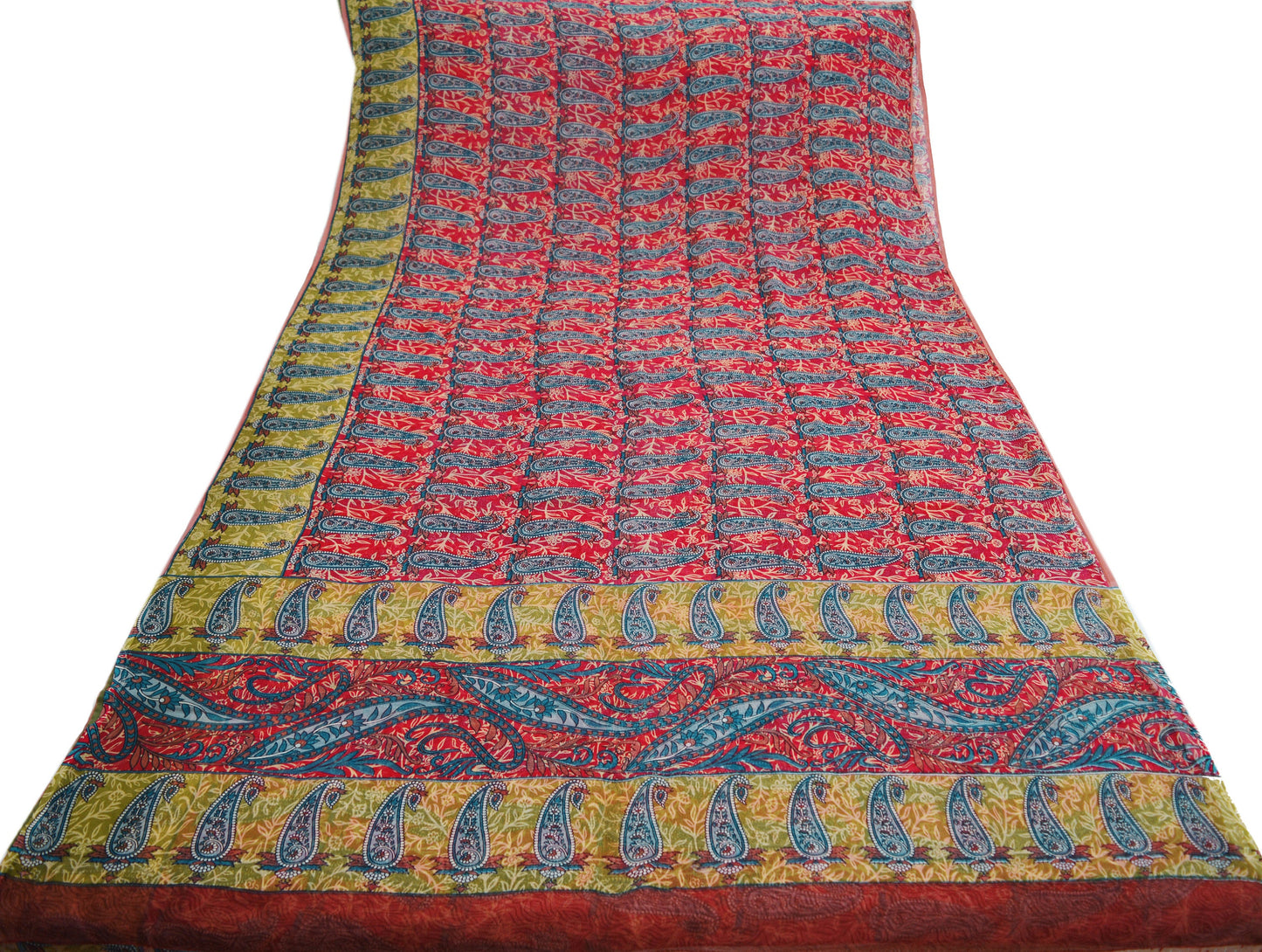 Women Vintage Sari Green & Red Pure Chiffon Silk Printed Saree Craft Fabric Sewing 5Yd Soft Light Sari Dress Making Floral