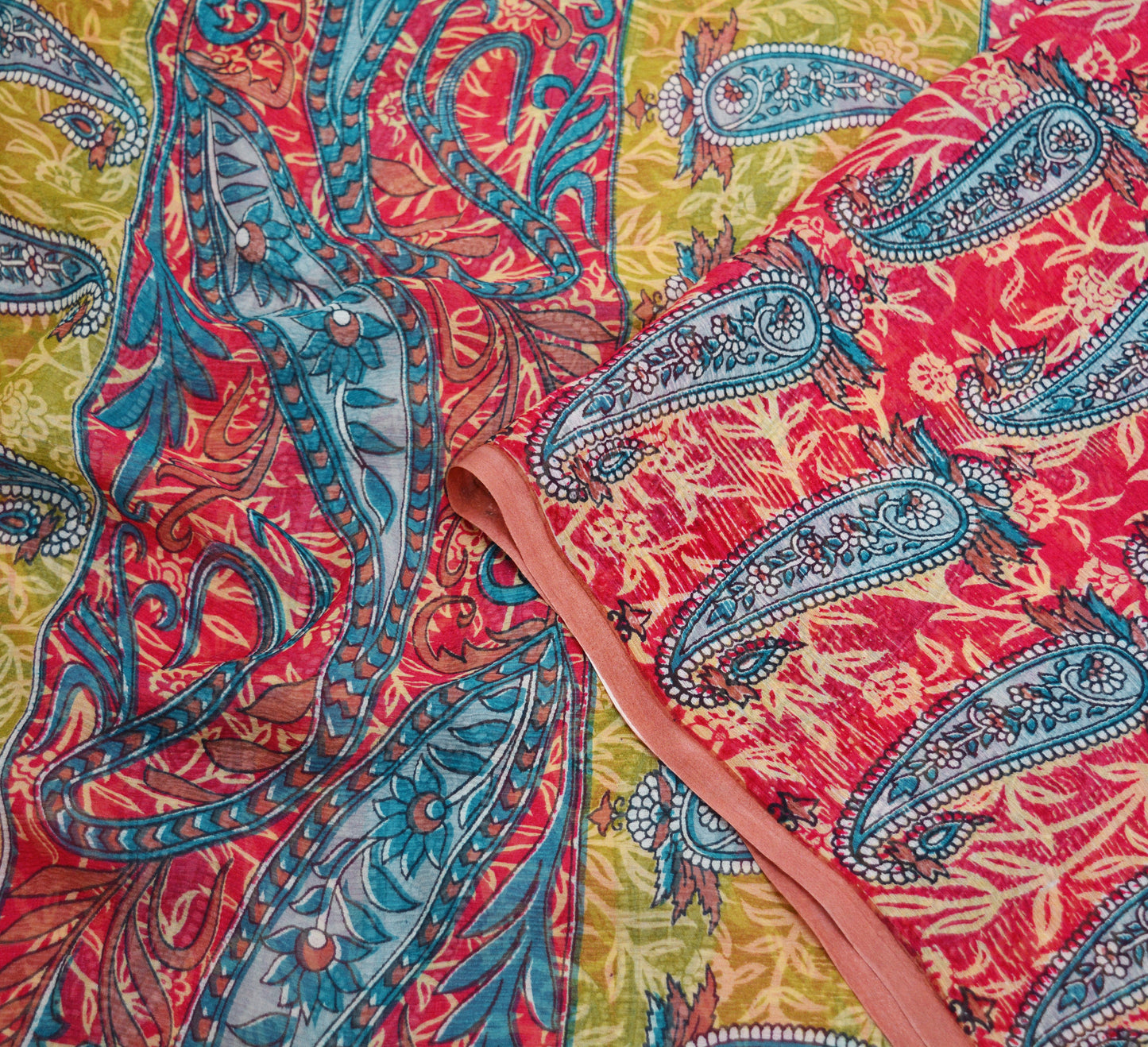 Women Vintage Sari Green & Red Pure Chiffon Silk Printed Saree Craft Fabric Sewing 5Yd Soft Light Sari Dress Making Floral
