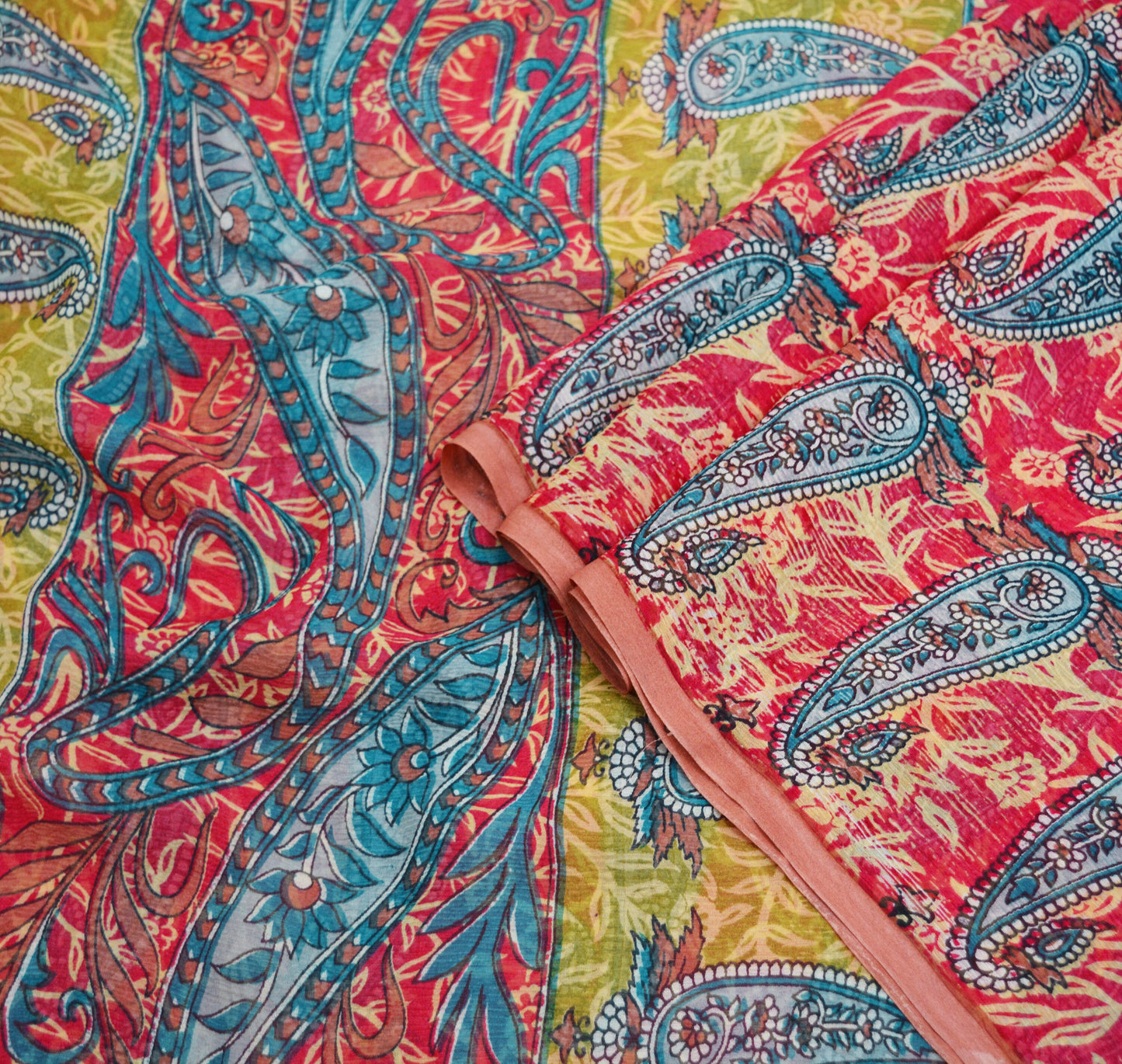 Women Vintage Sari Green & Red Pure Chiffon Silk Printed Saree Craft Fabric Sewing 5Yd Soft Light Sari Dress Making Floral