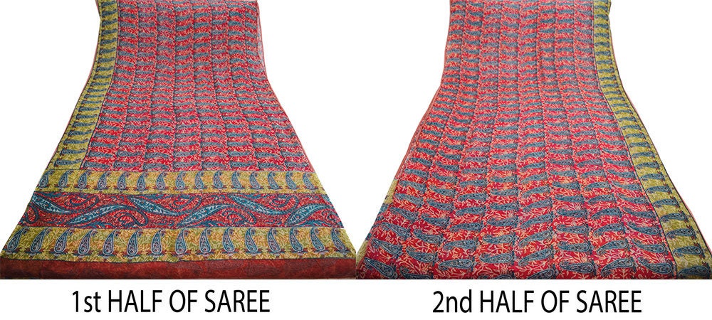 Women Vintage Sari Green & Red Pure Chiffon Silk Printed Saree Craft Fabric Sewing 5Yd Soft Light Sari Dress Making Floral