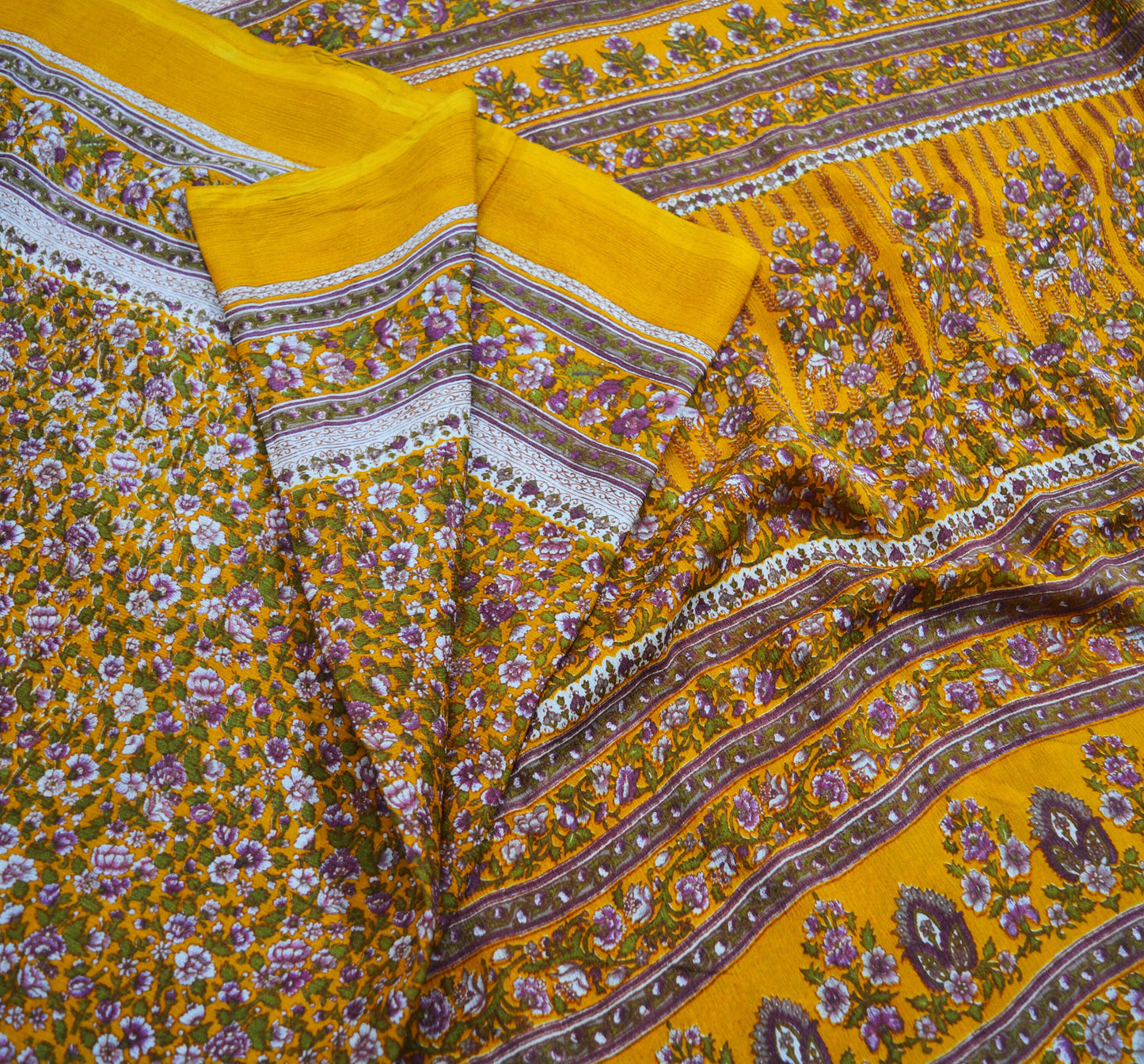 Indian Vintage Sari Saffron 100% Pure Silk Printed Saree 6yd Sewing Craft Fabric DressMaking Soft Wrap Floral Abstract