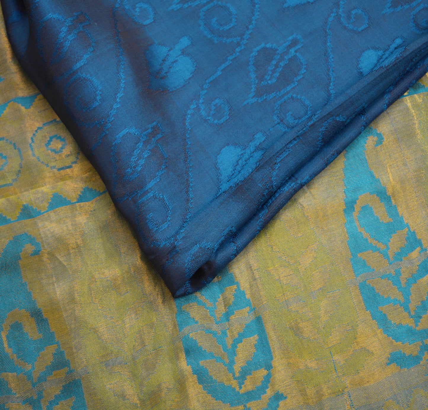 Vintage Blue Hand Woven Saree 100% Pure Silk Indian Sari Metallic Golden Zari 5Yard Floral Design