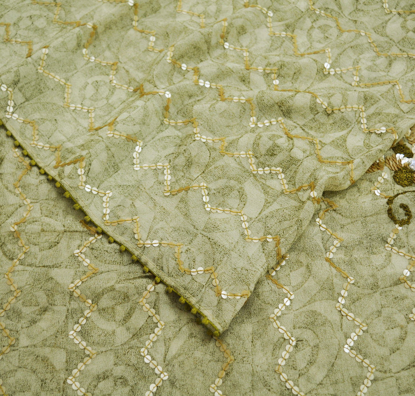 Indian Vintage Sari Ivory Hand Embroidered Pure Georgette Silk Saree Craft Fabric 6Yd Sequins Ethnic