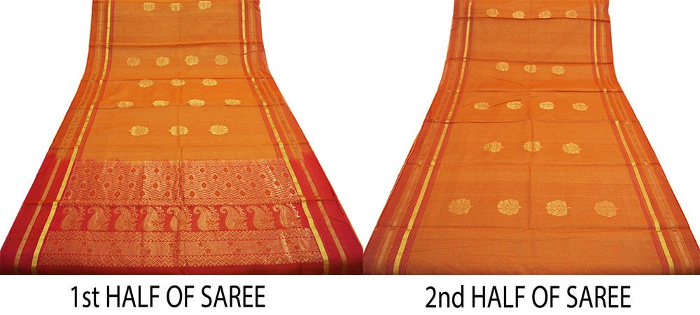 Vintage Sari Red & Saffron Hand Woven Pure Silk Saree Golden Zari 5Yard Soft Floral Ethnic