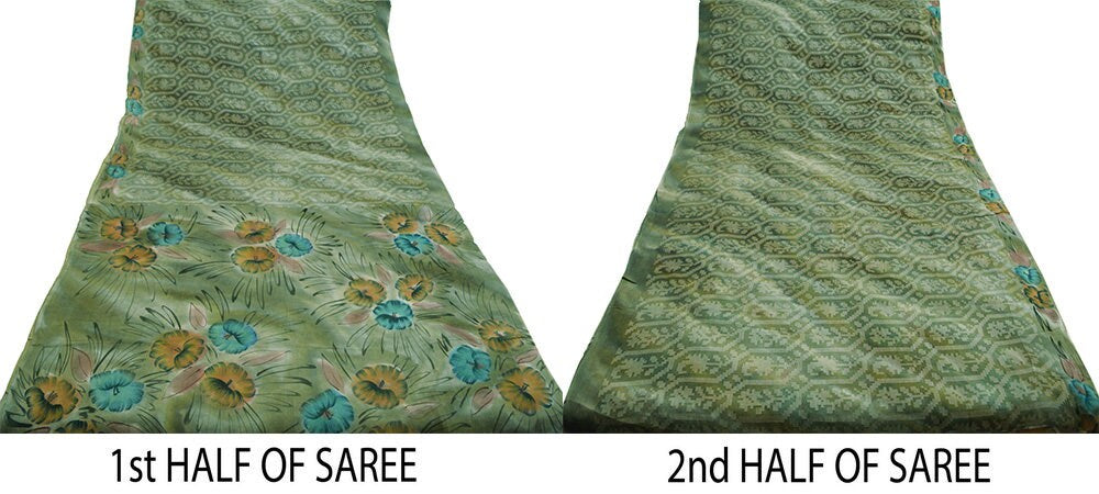 Vintage Green Sari 100% Pure Silk Hand Woven/Printed Sarees Fabric 6yard Sewing Soft Dress Designing Crafting