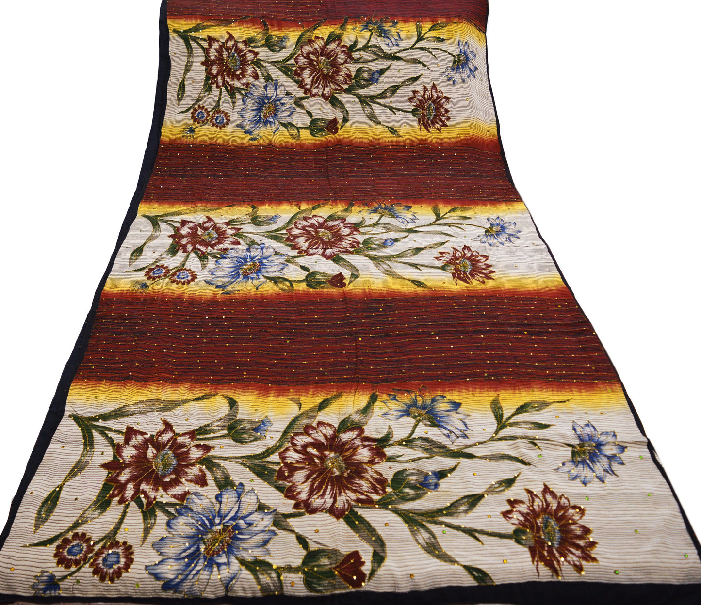 Indian Vintage Sari Orange & Cream Pure Crepe Silk Hand Embroidered Saree 5yard Sewing Floral Craft Sequins