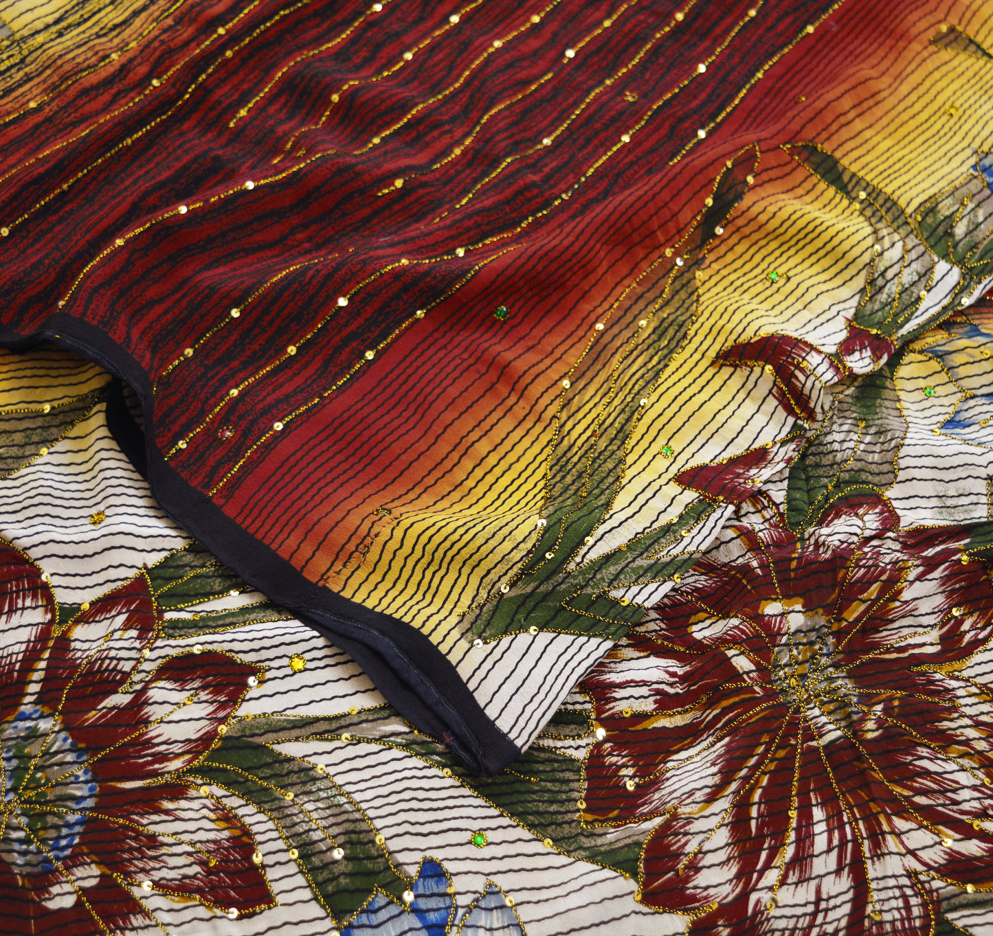 Indian Vintage Sari Orange & Cream Pure Crepe Silk Hand Embroidered Saree 5yard Sewing Floral Craft Sequins