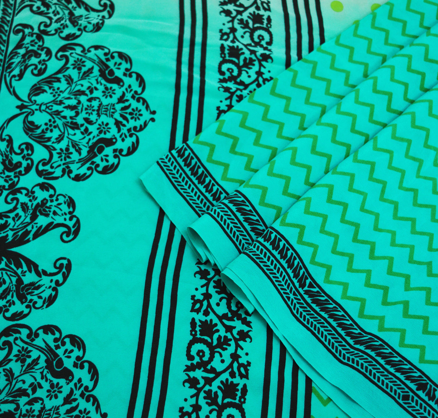 Indian Vintage Sari Green Pure Crepe Silk Printed Saree 5yard Sewing Floral Soft Craft Fabric Ethnic Wrap