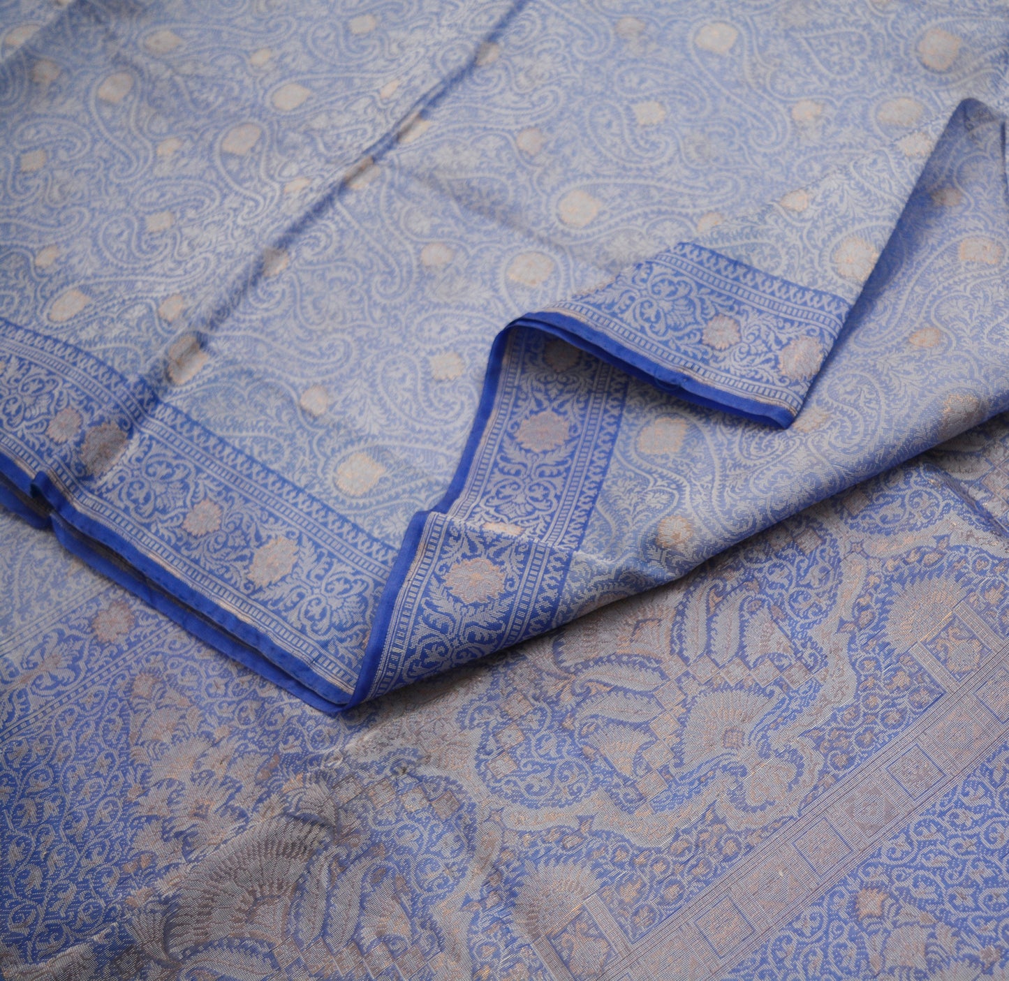 Indian Vintage Blue Sarees Pure Organza Silk Woven Indian Sari Fabric 5Yard Sewing Ethnic Golden Zari Floral