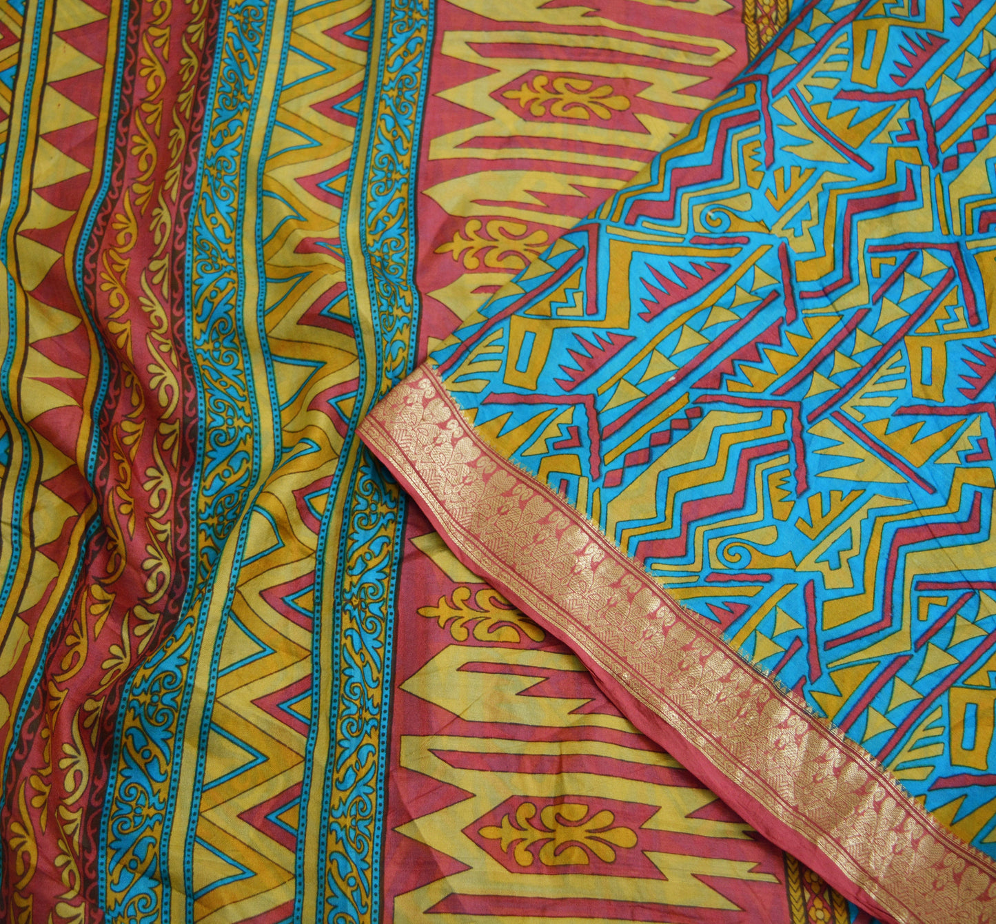 Indian Vintage Sari Pink & Blue 100% Pure Silk Printed Saree Fabric 5yard Sewing Craft DressMaking Soft Floral Zari