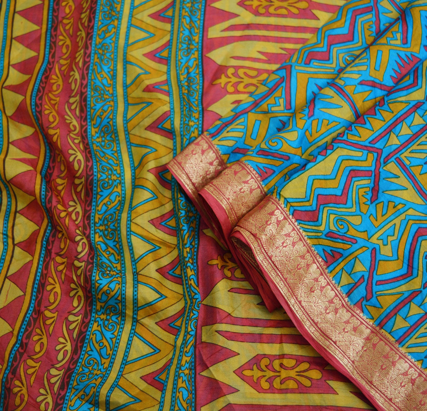 Indian Vintage Sari Pink & Blue 100% Pure Silk Printed Saree Fabric 5yard Sewing Craft DressMaking Soft Floral Zari