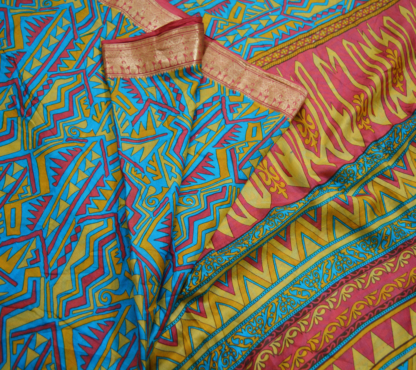 Indian Vintage Sari Pink & Blue 100% Pure Silk Printed Saree Fabric 5yard Sewing Craft DressMaking Soft Floral Zari