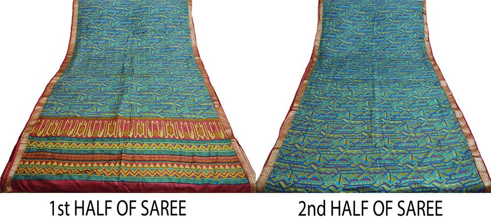 Indian Vintage Sari Pink & Blue 100% Pure Silk Printed Saree Fabric 5yard Sewing Craft DressMaking Soft Floral Zari