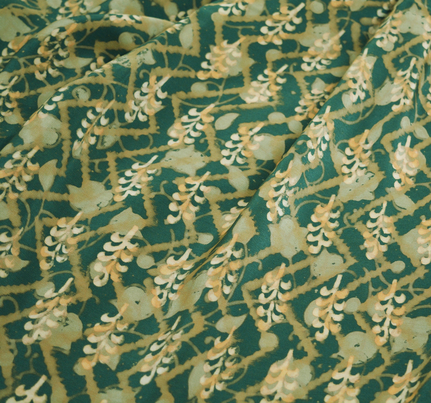 Indian Vintage Sari Green & Gray Pure Crepe Silk Block Printed Saree 5yard Sewing Floral Soft Craft Fabric Wrap