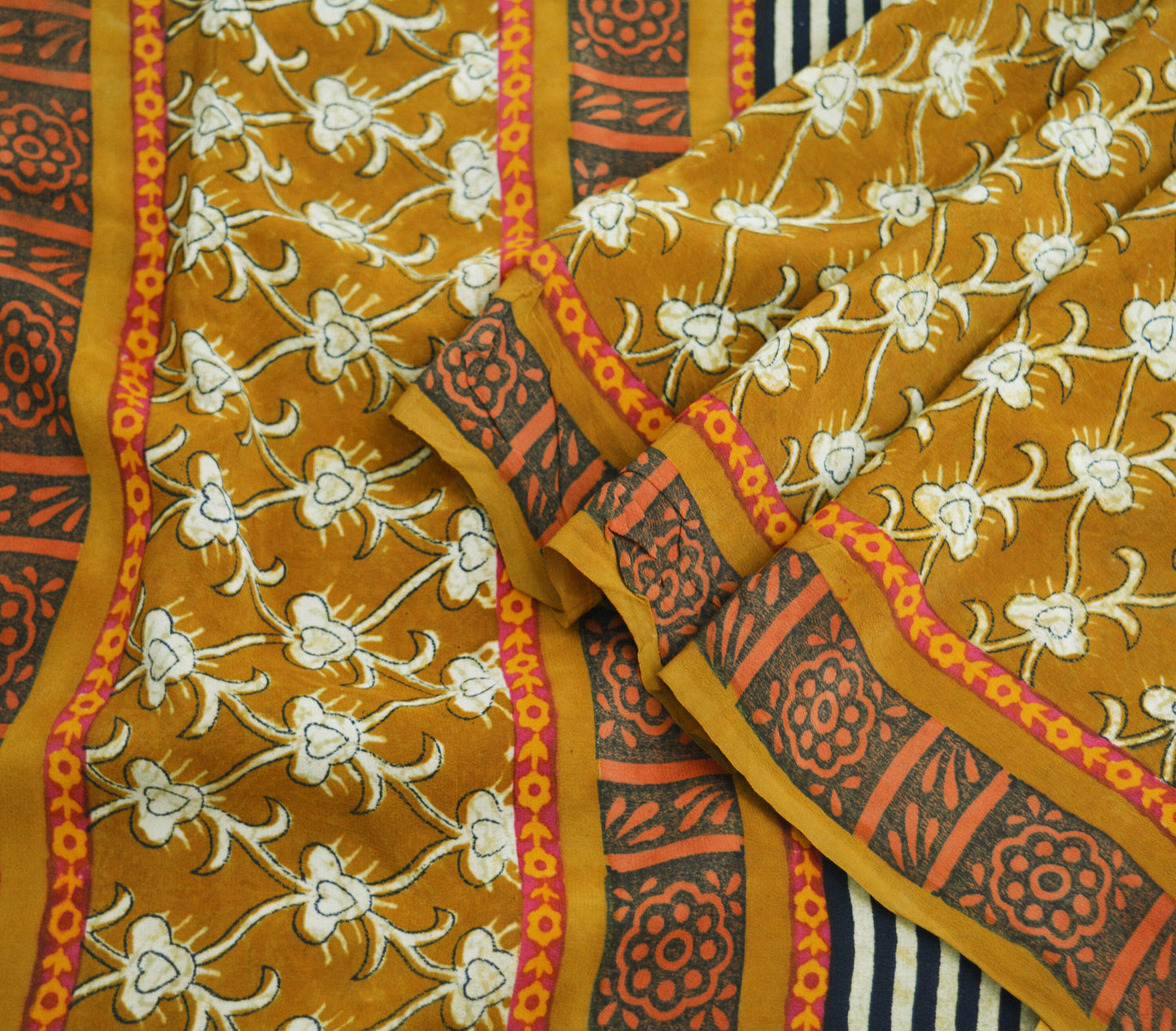 Indian Vintage Sari Mustard Pure Crepe Silk Block Printed Saree 5yard Sewing Floral Soft Craft Fabric Wrap