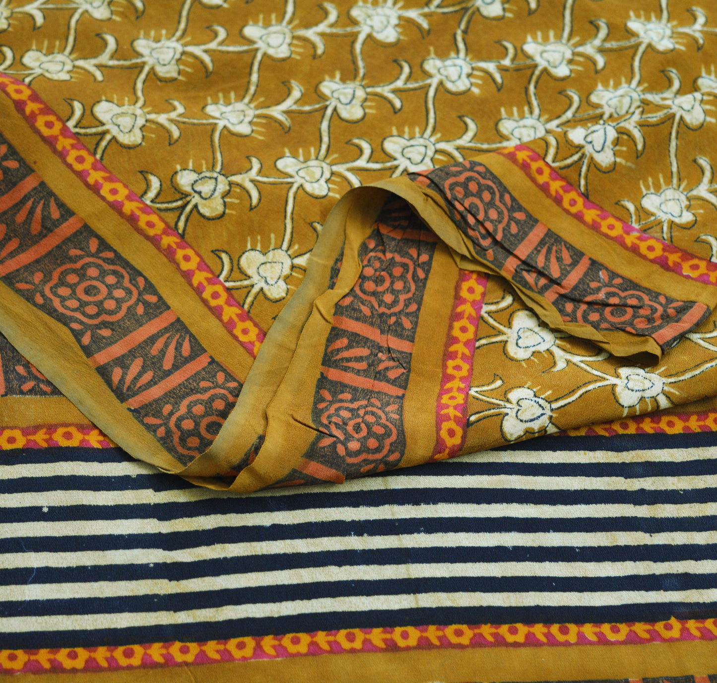 Indian Vintage Sari Mustard Pure Crepe Silk Block Printed Saree 5yard Sewing Floral Soft Craft Fabric Wrap