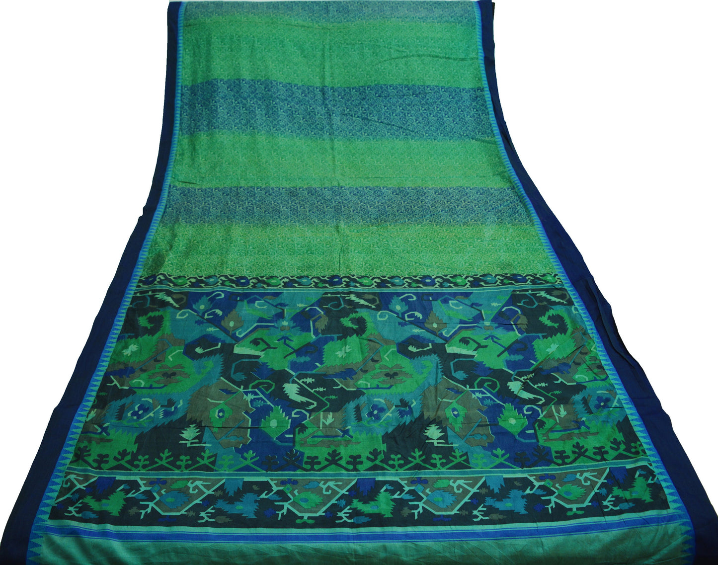 Indian Vintage Sari Green & Blue 100% Pure Silk Printed Saree Fabric 5yd Sewing Craft Fabric DressMaking Soft Wrap