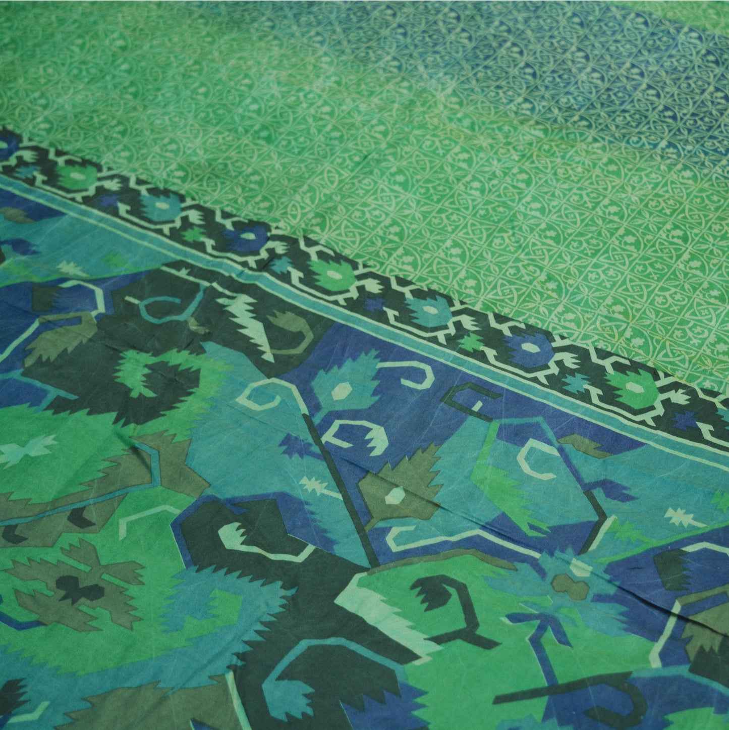 Indian Vintage Sari Green & Blue 100% Pure Silk Printed Saree Fabric 5yd Sewing Craft Fabric DressMaking Soft Wrap