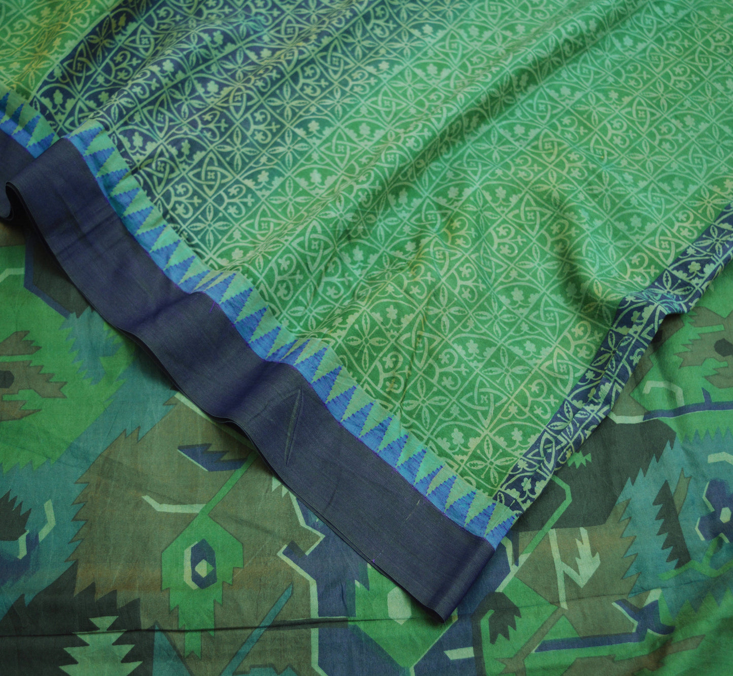 Indian Vintage Sari Green & Blue 100% Pure Silk Printed Saree Fabric 5yd Sewing Craft Fabric DressMaking Soft Wrap