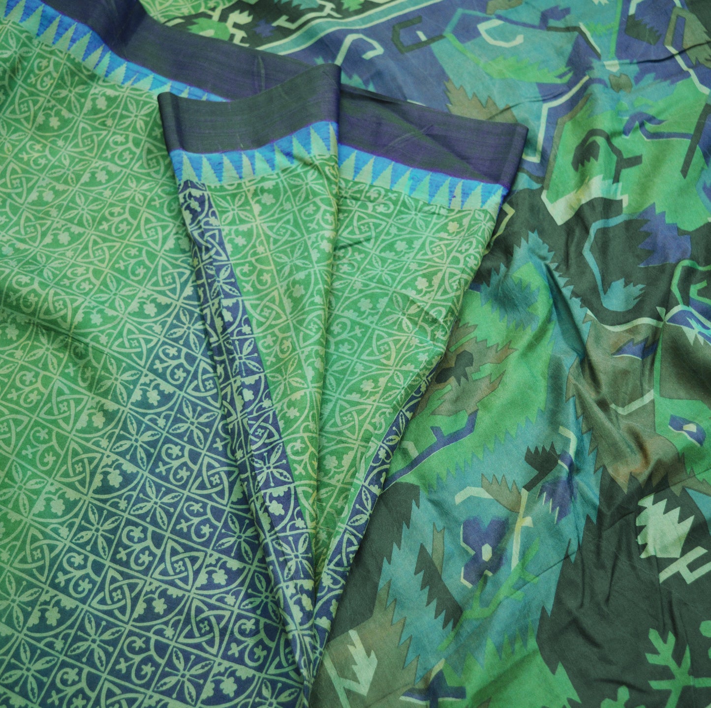 Indian Vintage Sari Green & Blue 100% Pure Silk Printed Saree Fabric 5yd Sewing Craft Fabric DressMaking Soft Wrap