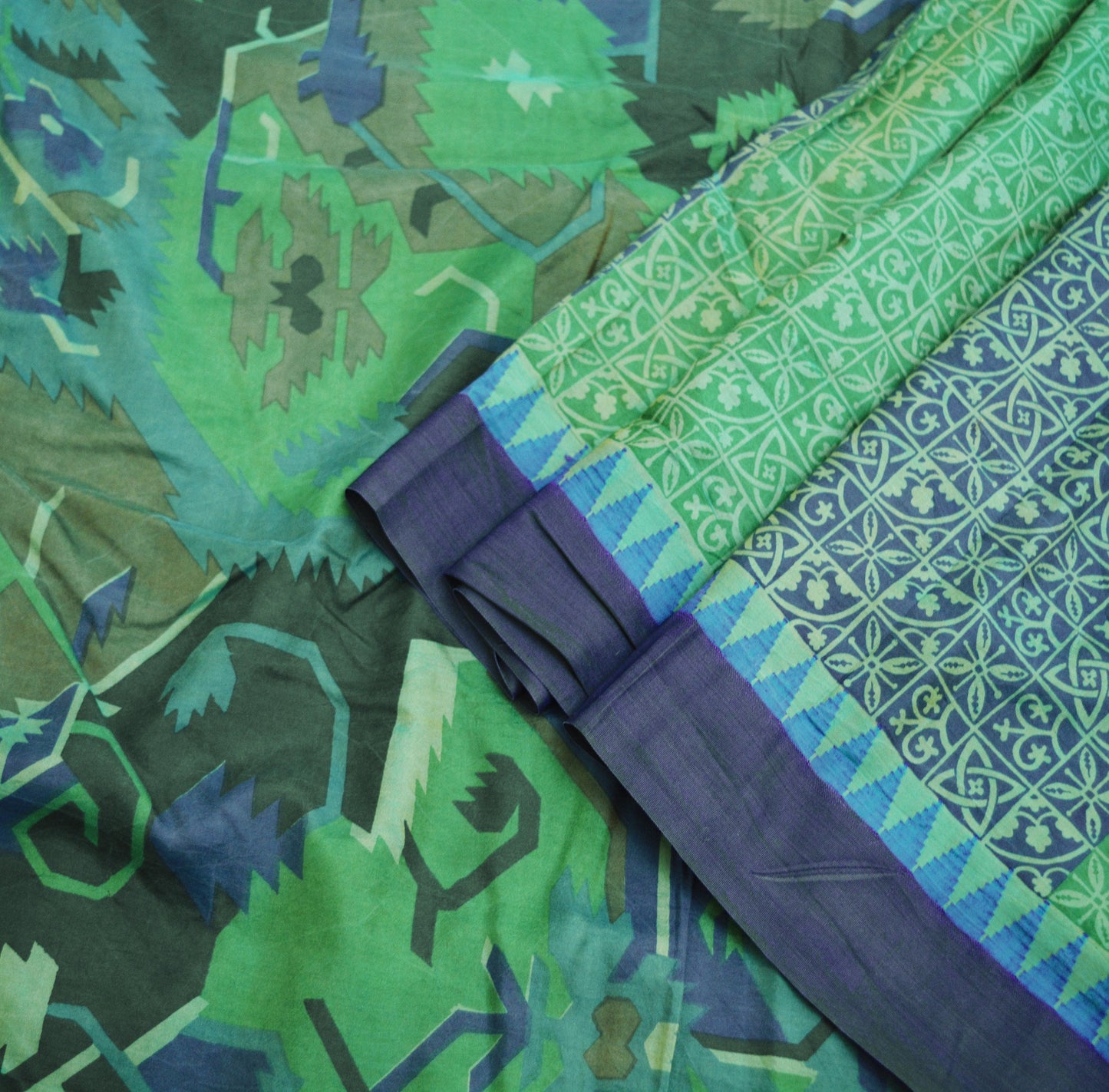 Indian Vintage Sari Green & Blue 100% Pure Silk Printed Saree Fabric 5yd Sewing Craft Fabric DressMaking Soft Wrap