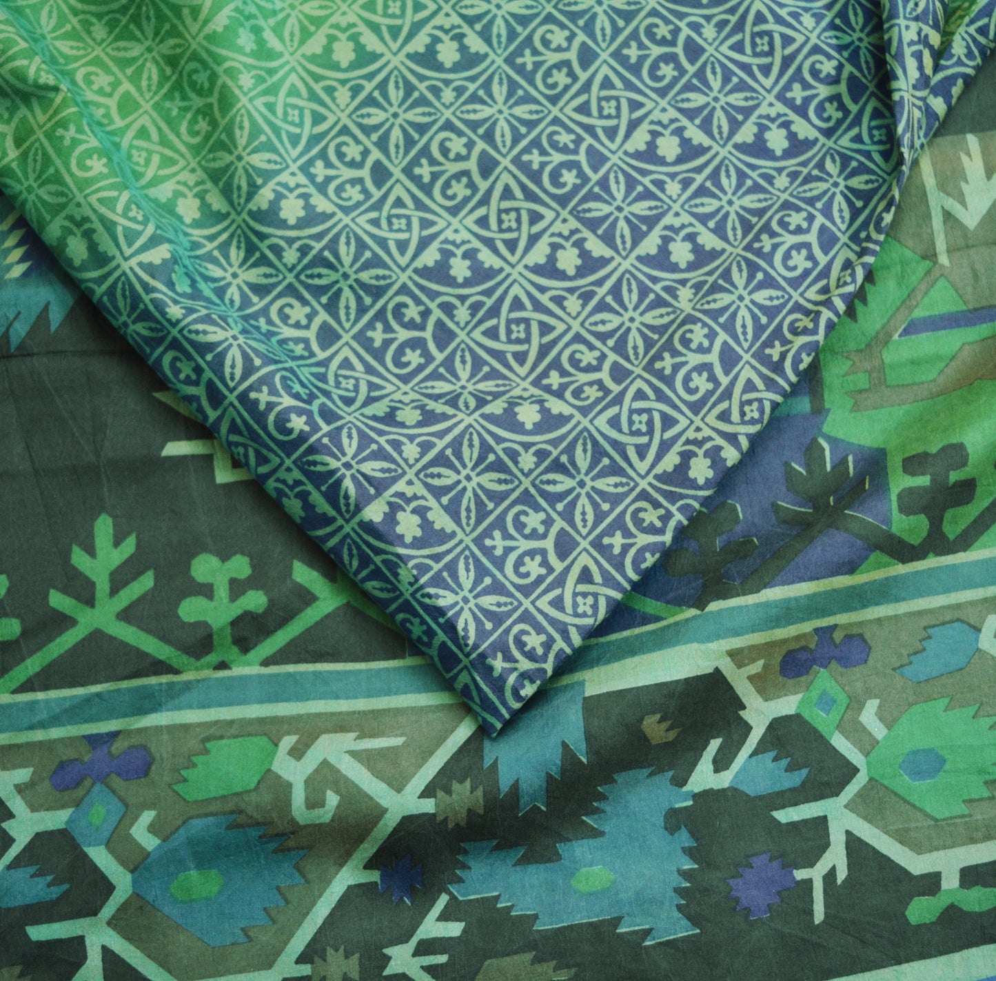 Indian Vintage Sari Green & Blue 100% Pure Silk Printed Saree Fabric 5yd Sewing Craft Fabric DressMaking Soft Wrap