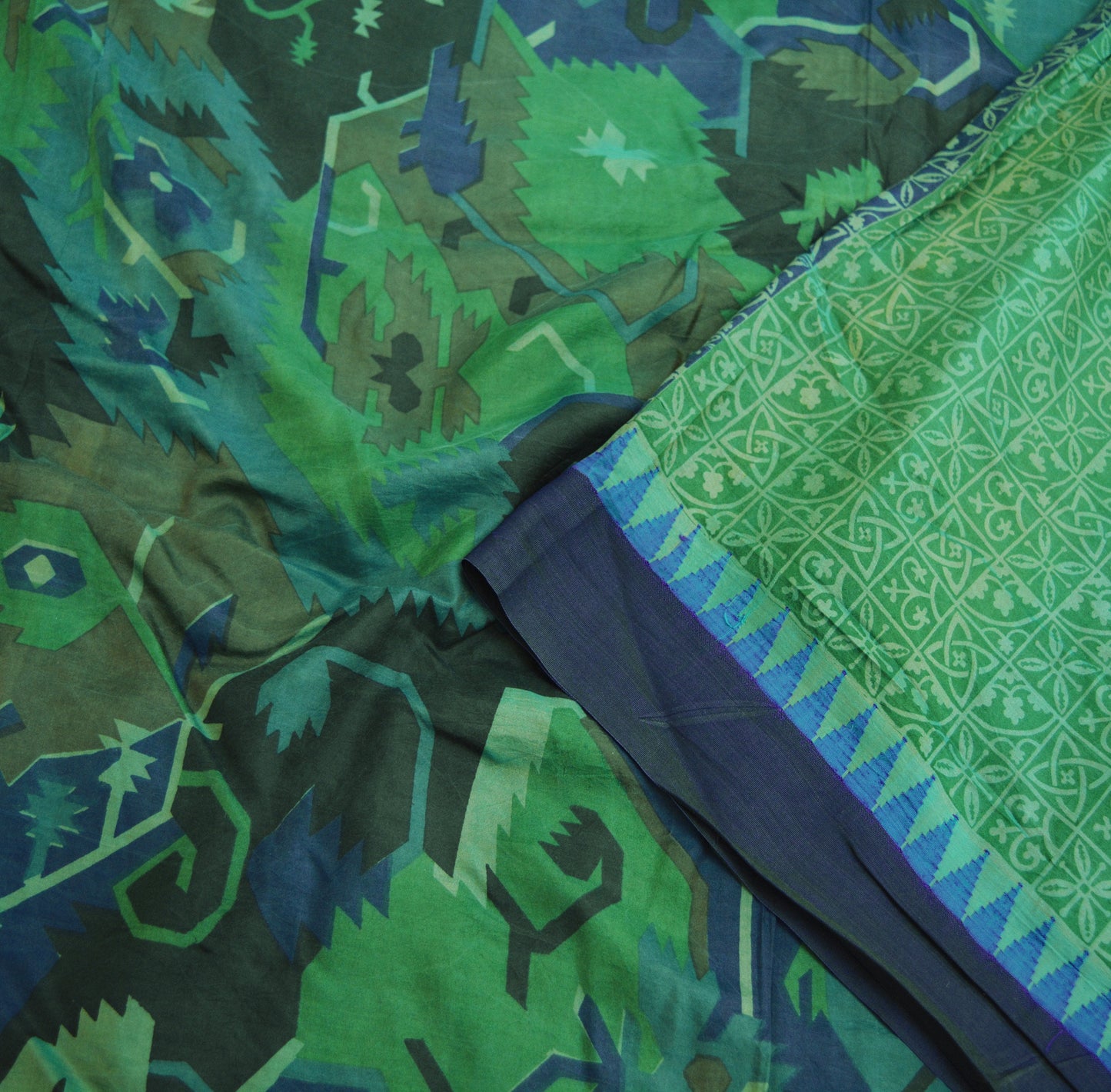 Indian Vintage Sari Green & Blue 100% Pure Silk Printed Saree Fabric 5yd Sewing Craft Fabric DressMaking Soft Wrap