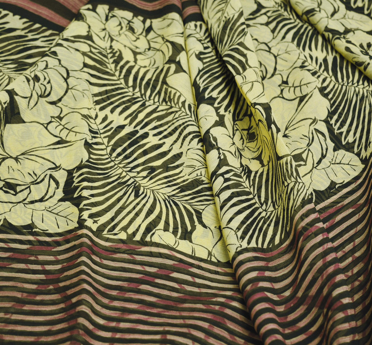 Women Vintage Sari Beige & Black Pure Chiffon Silk Printed Saree Craft Fabric Sewing 5Yard Soft Light Sari Dress Making
