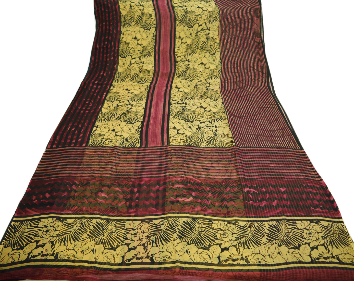 Women Vintage Sari Beige & Black Pure Chiffon Silk Printed Saree Craft Fabric Sewing 5Yard Soft Light Sari Dress Making