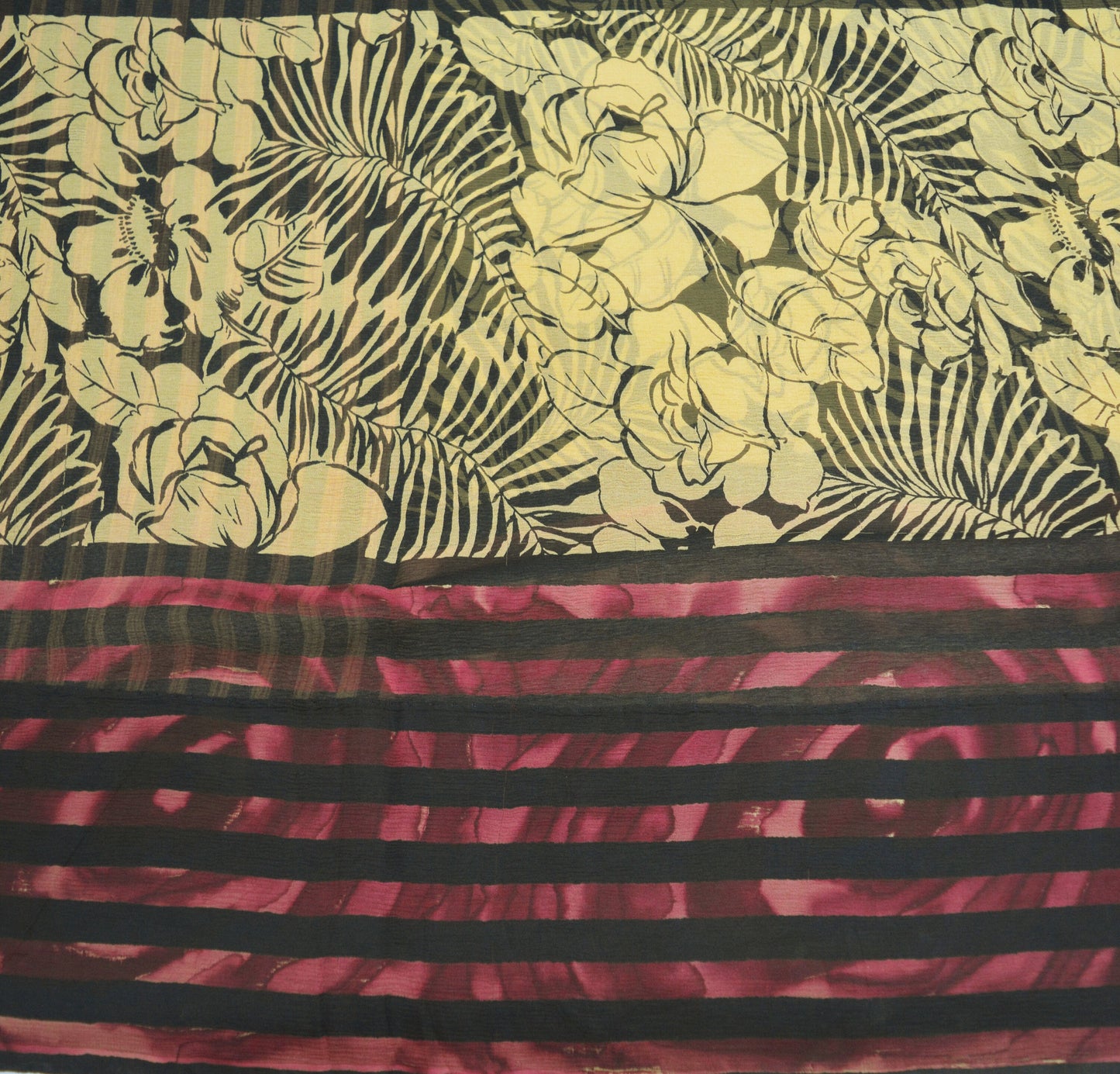 Women Vintage Sari Beige & Black Pure Chiffon Silk Printed Saree Craft Fabric Sewing 5Yard Soft Light Sari Dress Making