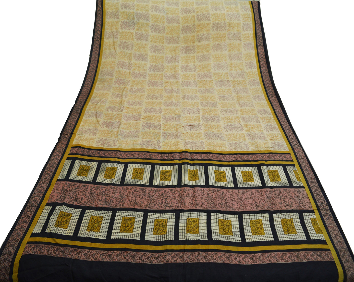 Indian Vintage Sari Cream Pure Silk Printed Saree Fabric 5yard Sewing Craft DressMaking Soft Floral