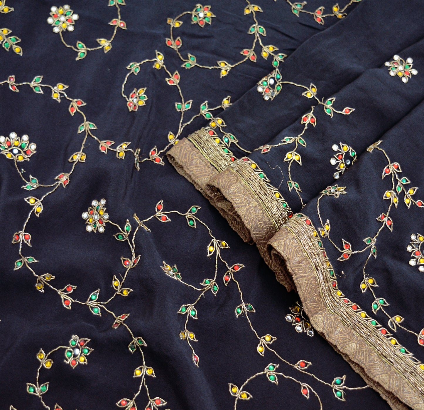 Indian Vintage Black Saree Pure Crepe Silk Hand Embroidered Indian Sari Fabric 6Yd Sewing Soft Zardozi/Dabka