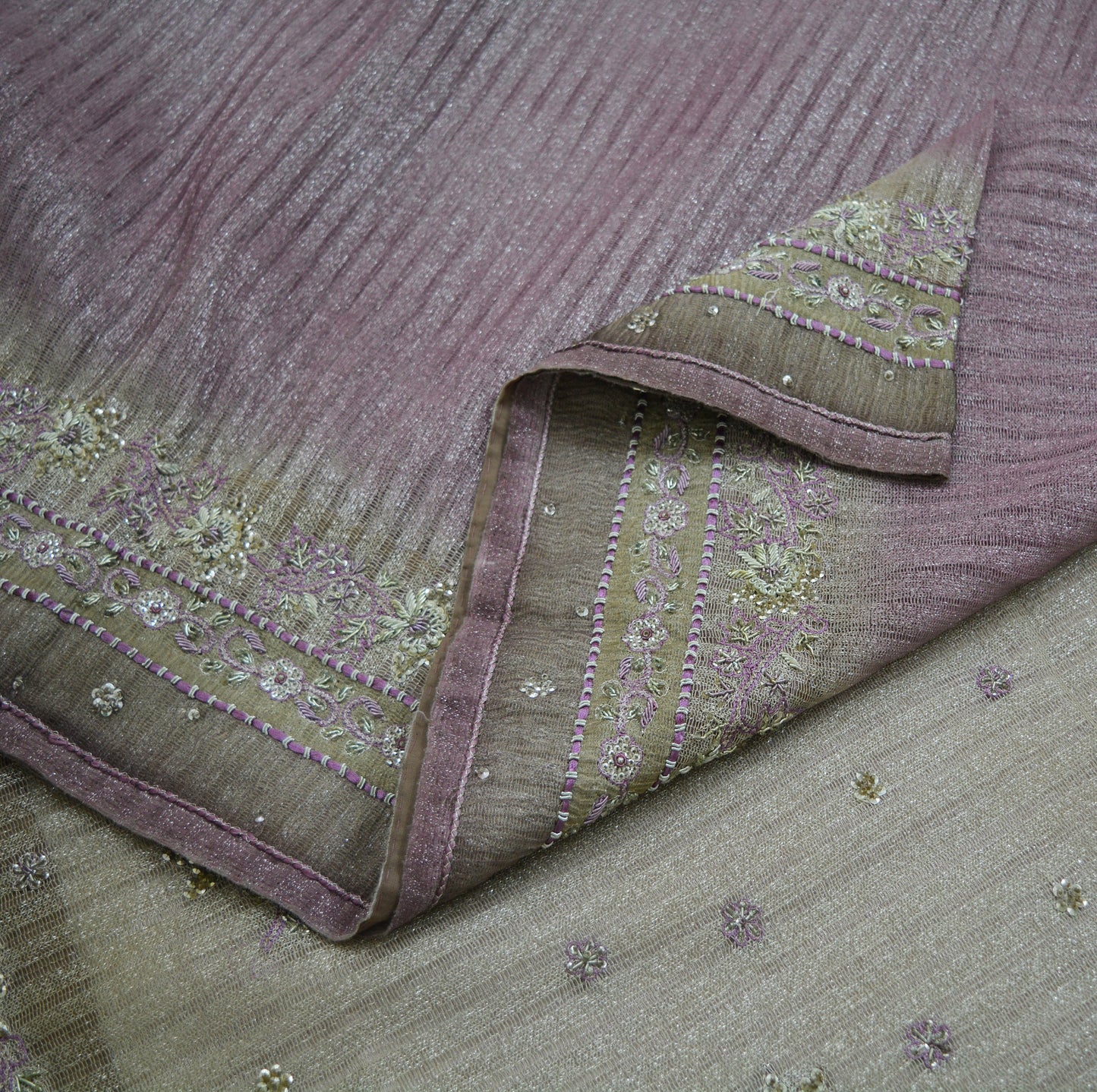 Indian Vintage Silver & Purple Saree Net/Mesh Hand Embroidered Indian Sari Fabric 5Yd Sewing Soft Zardozi/Dabka Zari Sequins